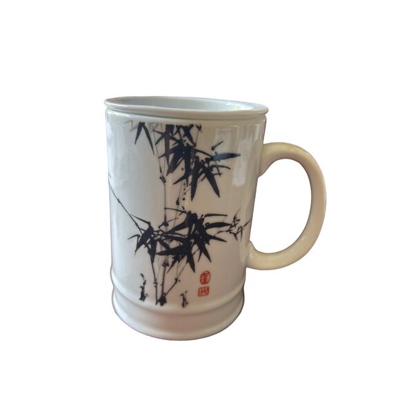 Asian Bamboo Print Porcelain Tea Cup With Strainer - Picture 1 of 7